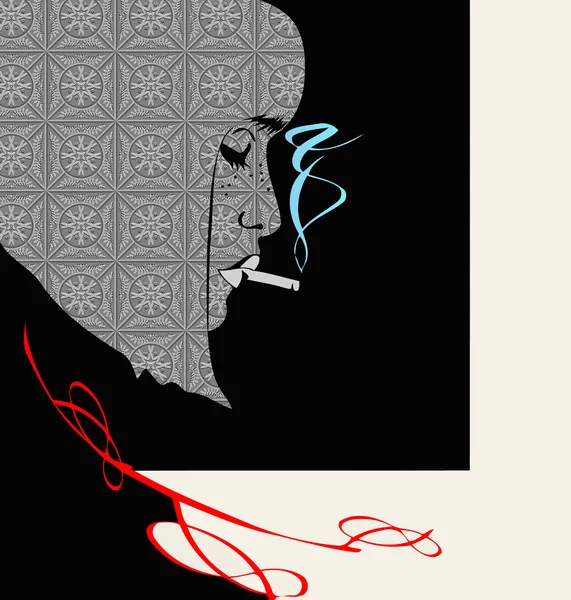 Silhouette de la tête la fille sur un fond texture décorative avec cigarette fumante dans la bouche — Image vectorielle