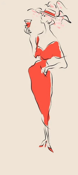 Egy piros ruhát és egy pohár kézzel retró stílusú nő — Stock Vector