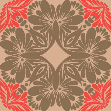 simetrik soyut etnik çiçek desenli halk koyu yeşil ve kırmızı renkli boyalı