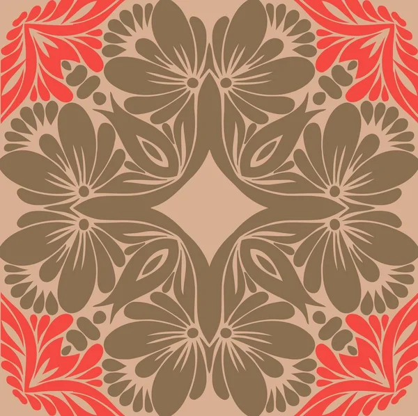 Symmetrische abstrakte ethnische Blumenmuster Folk gemalt dunkelgrüne und rote Farbe — Stockvektor
