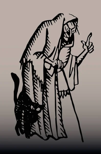 Skica, stojící hrbatý stará čarodějnice, čarodějnice v dlouhé šaty u nohou černá kočka — Stockový vektor