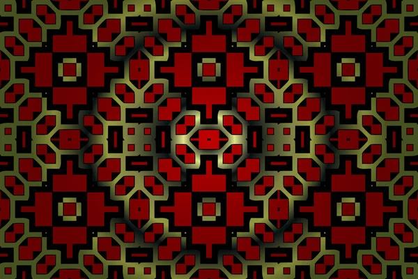 Pada pola abstrak simetris kisi geometris hijau pada latar belakang merah - Stok Vektor