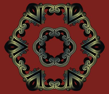 oryantal simetrik geometrik renk desen mandala bir kırmızı halıda altın yaldız
