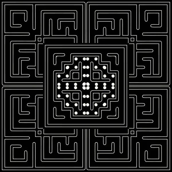 Labyrinthe abstrait motif géométrique symétrique carré de fines lignes blanches sur un fond noir — Image vectorielle