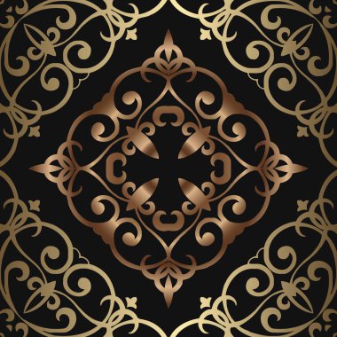 Oryantal vektör doku damask ve çiçek elemanları ile siyah ve altın. Lacy, süslü soyut desen