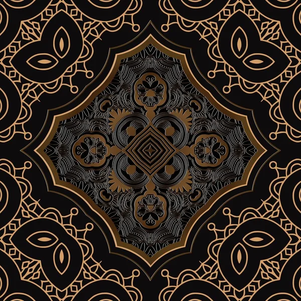 Desen şark süsleme. Siyah ve altın Tekstil baskı. Bir çerçeve içinde çiçek kabartma desenli