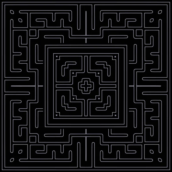 黒い背景に白い線の薄いの抽象的な迷路正方形に対称の幾何学模様 — ストックベクタ
