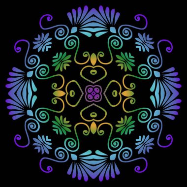 Arka plan doku simetrik çiçek desenli geometrik şekiller, çizgiler mavi, yeşil siyah öğelerinden