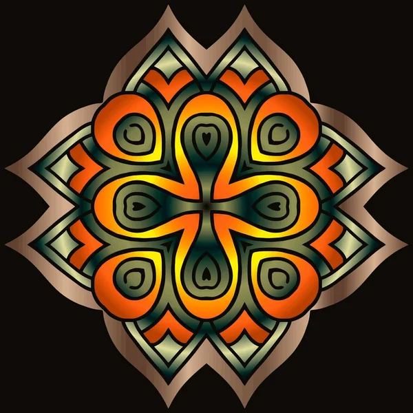 Mandala floral oriental ethnique rond motif d'ornement indien sur un fond noir — Image vectorielle