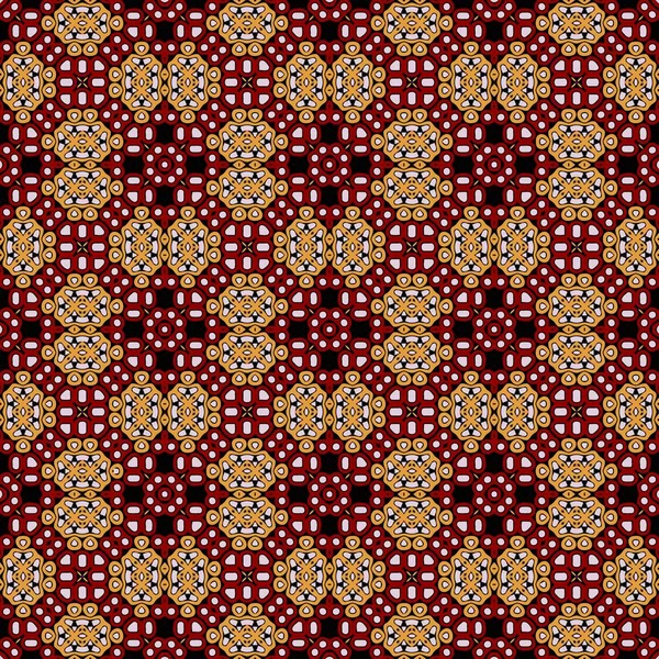 Abstracte achtergrond textuur van een symmetrische middeleeuwse patroon in een vierkant van elementen van geometrische vormen in rode en gele tinten — Stockvector