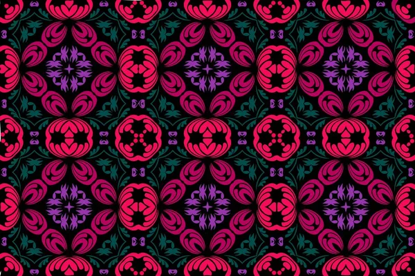 Pola tekstur dekoratif abstrak simetris kelopak. Hijau dan ungu, palet merah. Grafis yang dihasilkan komputer . - Stok Vektor