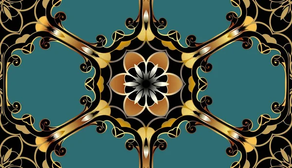 Abstracto oriental simétrico geométrico patrón de color mandala en dorado sobre una alfombra azul — Archivo Imágenes Vectoriales