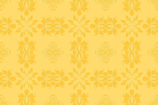 Simetrik soyut geometrik renkli oryantal desen duvar kağıdı sarı tonlarında desenli.