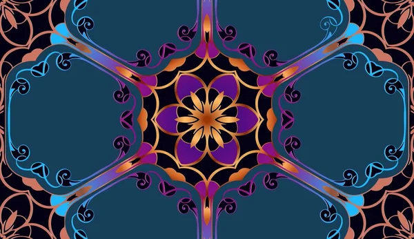 Абстрактный симметричный симметричный тисненый геометрический мандала красочный восточный узор на синем фоне — стоковый вектор
