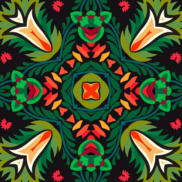 Patrón floral simétrico y colorido en colores verdes sobre un fondo oscuro — Archivo Imágenes Vectoriales