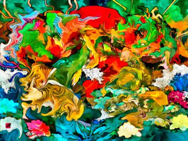 Soyut psikedelik arka plan. Farklı şekil ve boyutlardaki fırçalarla yağlı boya darbelerinin bilgisayar stilize edilmesi.