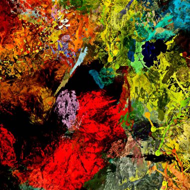 Soyut psikedelik arka plan. Farklı şekil ve boyutlardaki fırçalarla yağlı boya darbelerinin bilgisayar stilize edilmesi.