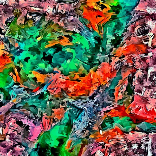 Abstracte psychedelische achtergrond Computerstylization van oliestromen van verf met borstels van verschillende vormen en maten — Stockfoto