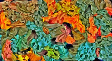 Soyut arkaplan. Psikedelik fraktal, fırça darbelerinin dokusu bulanık çizgilerin renkli boyası ve farklı şekil ve boyutlarda benekler.