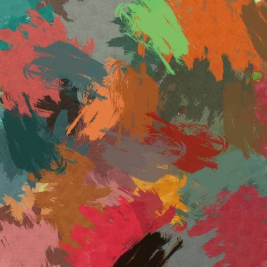 Soyut arkaplan. Psikedelik fraktal, fırça darbelerinin dokusu bulanık çizgilerin renkli boyası ve farklı şekil ve boyutlarda benekler.