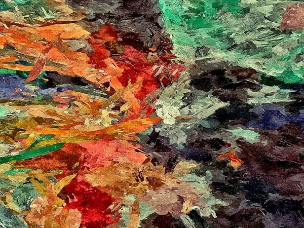 Soyut arkaplan. Psikedelik fraktal, fırça darbelerinin dokusu bulanık çizgilerin renkli boyası ve farklı şekil ve boyutlarda benekler.