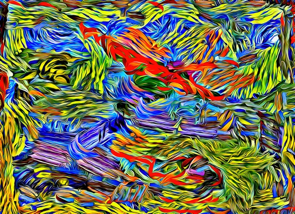 Absztrakt háttér. Pszichedelikus fraktál, ecsetvonások textúrája elmosódott vonalak és különböző alakú és méretű foltok színes festékből — Stock Fotó