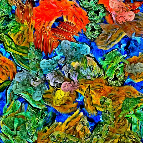 Fondo abstracto. Fractal psicodélico, textura de pinceladas de pintura coloreada de líneas borrosas y manchas de diferentes formas y tamaños —  Fotos de Stock