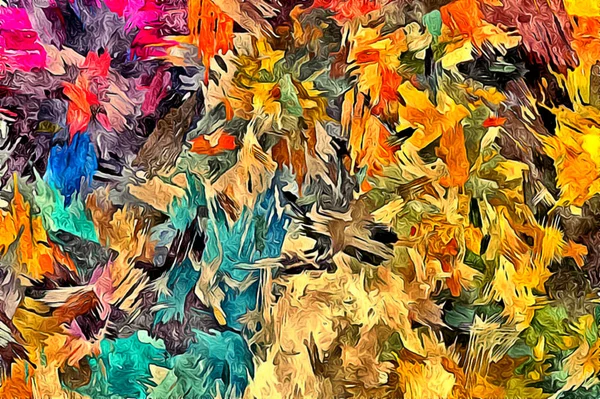 Soyut arkaplan. Psikedelik fraktal, fırça darbelerinin dokusu bulanık çizgilerin renkli boyası ve farklı şekil ve boyutlarda benekler.