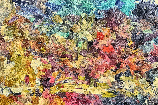 Soyut arkaplan. Psikedelik fraktal, fırça darbelerinin dokusu bulanık çizgilerin renkli boyası ve farklı şekil ve boyutlarda benekler.