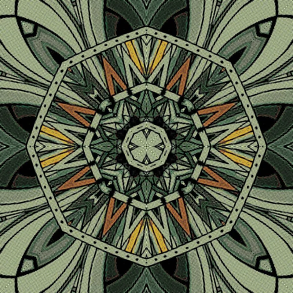 Абстрактний геометричний візерунок симетричний декор з візерунком монограми на чорному тлі елементів геометричних фігур в рамці — стокове фото
