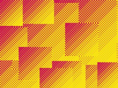 Farklı boyutlardaki kırmızı karelerin sarı bazlı dokusuna sahip soyut pop sanat arkaplanı.