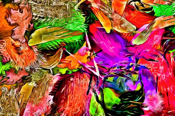 Abstracte psychedelische achtergrond met de textuur van de toepassing van de voorbewerking. Computer stilering van de lijnen van de olie van verf met borstels in verschillende soorten en maten — Stockfoto