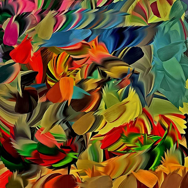 abstract psychedelic background with the texture of applying underpainting. Computer stylization of oil strokes of paint with brushes of different shapes and sizes