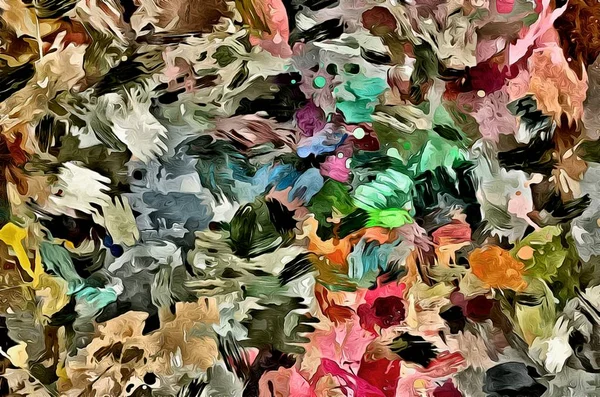 Абстрактний психоделічний фон з текстурою нанесення фарби. Комп'ютерна стилізація масляних штрихів фарби пензлями різних форм і розмірів — стокове фото