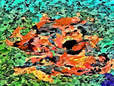 Soyut arkaplan. Renkli boya fırça darbelerinin psikedelik dokusu bulanık çizgiler ve farklı şekil ve boyutlarda benekler.