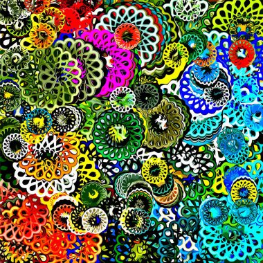 Soyut arkaplan. Renkli boya fırça darbelerinin psikedelik dokusu bulanık çizgiler ve farklı şekil ve boyutlarda benekler.