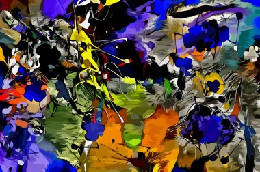 Soyut arkaplan. Renkli boya fırça darbelerinin psikedelik dokusu bulanık çizgiler ve farklı şekil ve boyutlarda benekler..