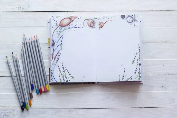 Lápices y cuaderno de papel para la creatividad, el arte, las notas y el dibujo — Foto de Stock