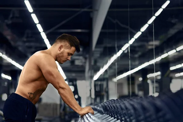 Muscular bodybuilder in gym near dumbbell rack.Strong athletic m