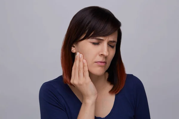 Closeup Portrait Young Woman Grey Background Suffering Toothache Holding Fingers — Stock Photo, Image