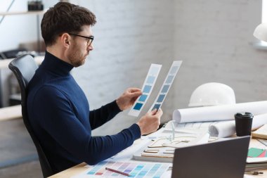 Ofiste renk paletiyle çalışan bir mimar. Mühendis renk örnekleri kullanarak bina için renkler seçiyor, inşaat projesi için yeni fikirler arıyor. İş yerinde sakallı yakışıklı bir adamın portresi.