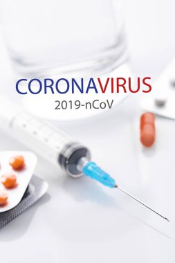 Coronavirus 2019-nCoV. Novel coronavirus, Middle East Respiratory Syndrome. Pills with CORONAVIRUS text. Chinese coronavirus outbreak. Virus Pandemic Protection Concept