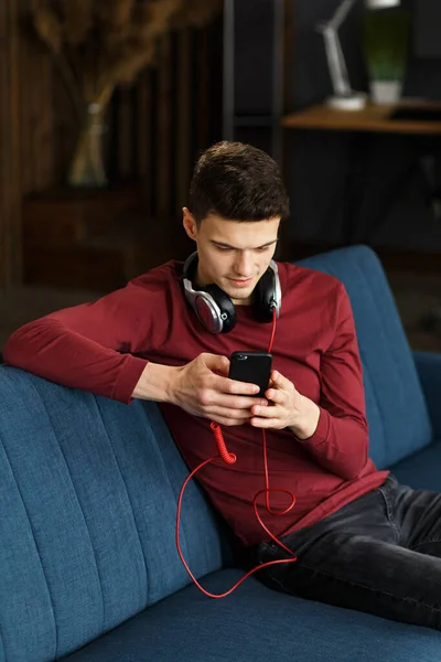 Enjoy listening to music.Young man in headphones listening music