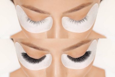 Kirpik uzatma işleminden önce. Takma kirpikler. Güzellik salonunda uzun kirpikli kadın gözlerinin yakın portresi. Kirpik temizleme prosedürünü kapat.