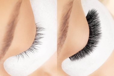 Kirpik uzatma işleminden önce. Takma kirpikler. Güzellik salonunda uzun kirpikli kadın gözlerinin yakın portresi. Kirpik temizleme prosedürünü kapat.