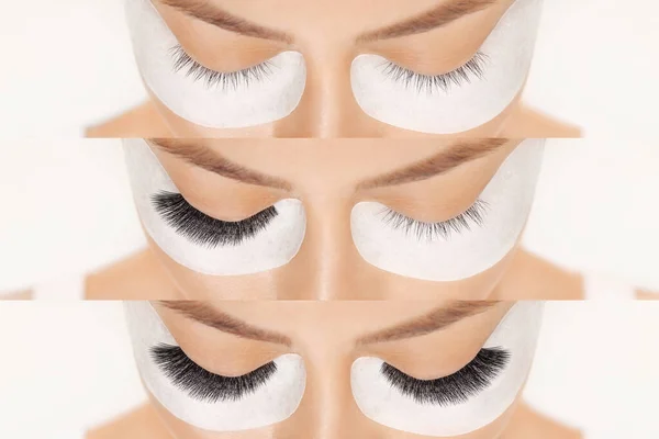 Eyelash extension procedure before after. False eyelashes. Close up portrait of woman eyes with long lashes in beauty salon. Eyelash removal procedure close up