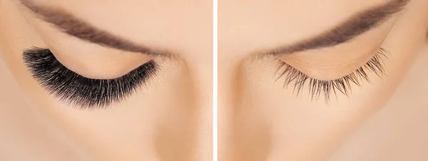 Eyelash extension procedure before after. False eyelashes. Close up portrait of woman eyes with long lashes in beauty salon. Eyelash removal procedure close up — Stock Photo, Image