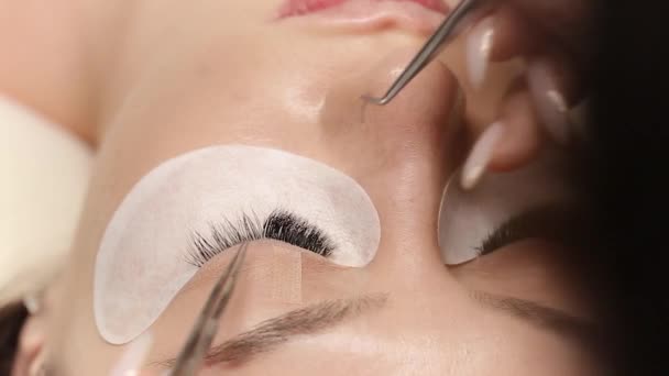 엘러 쉬 엑스 테. 가짜 속눈썹. Eyelash extension procedure.Close up portrait of woman eye with long eyelashes. 직업적 인 스타일리스트가 여성의 띠를 길게 늘인다. 미용실의 주인이자 고객 — 비디오