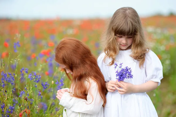 Słodkie dziewczynki trzyma kwiat na zewnątrz w pole Maków — Zdjęcie stockowe
