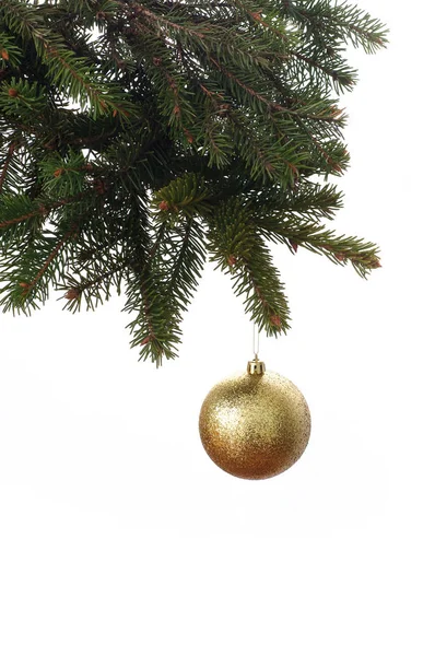 Goldkugel hängt am Weihnachtsbaum — Stockfoto